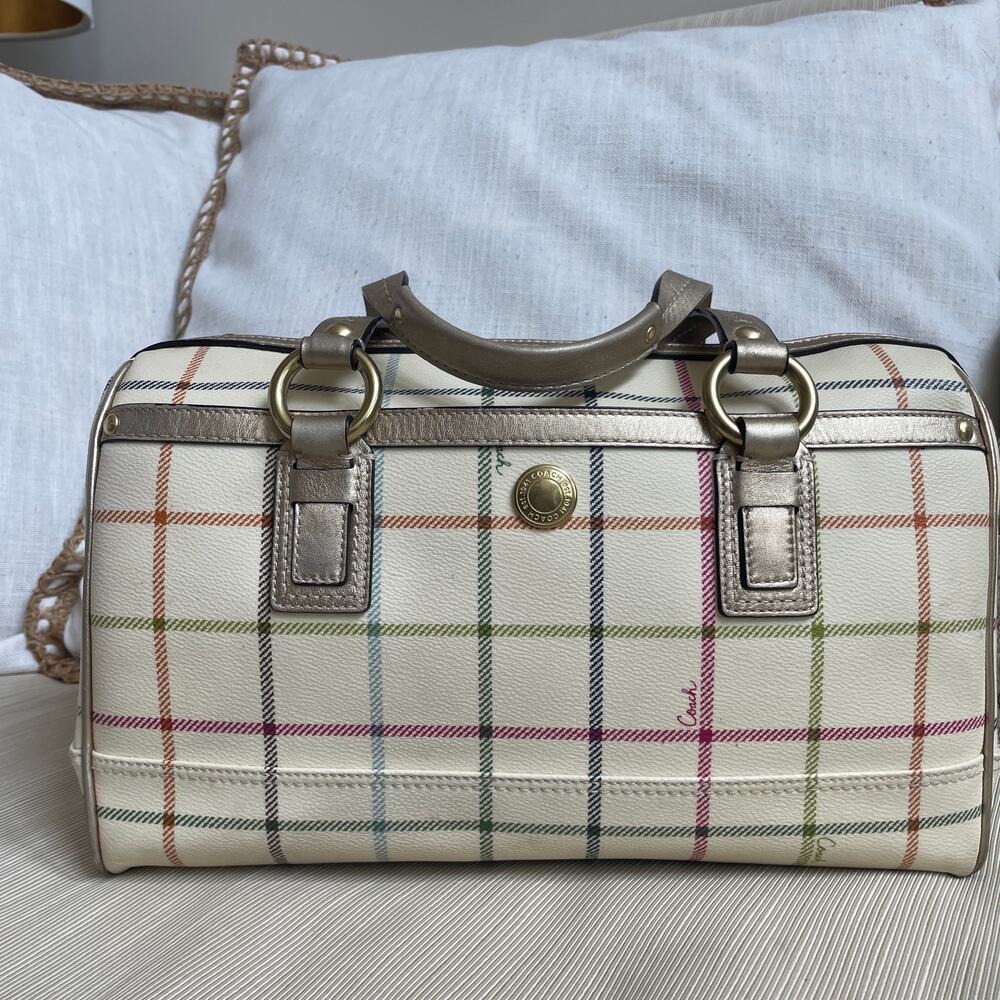 Rare Coach Heritage Stripe Tattersall Gold XL Satchel 13040 Plaid, Metallic NWOT - Picture 2 of 10